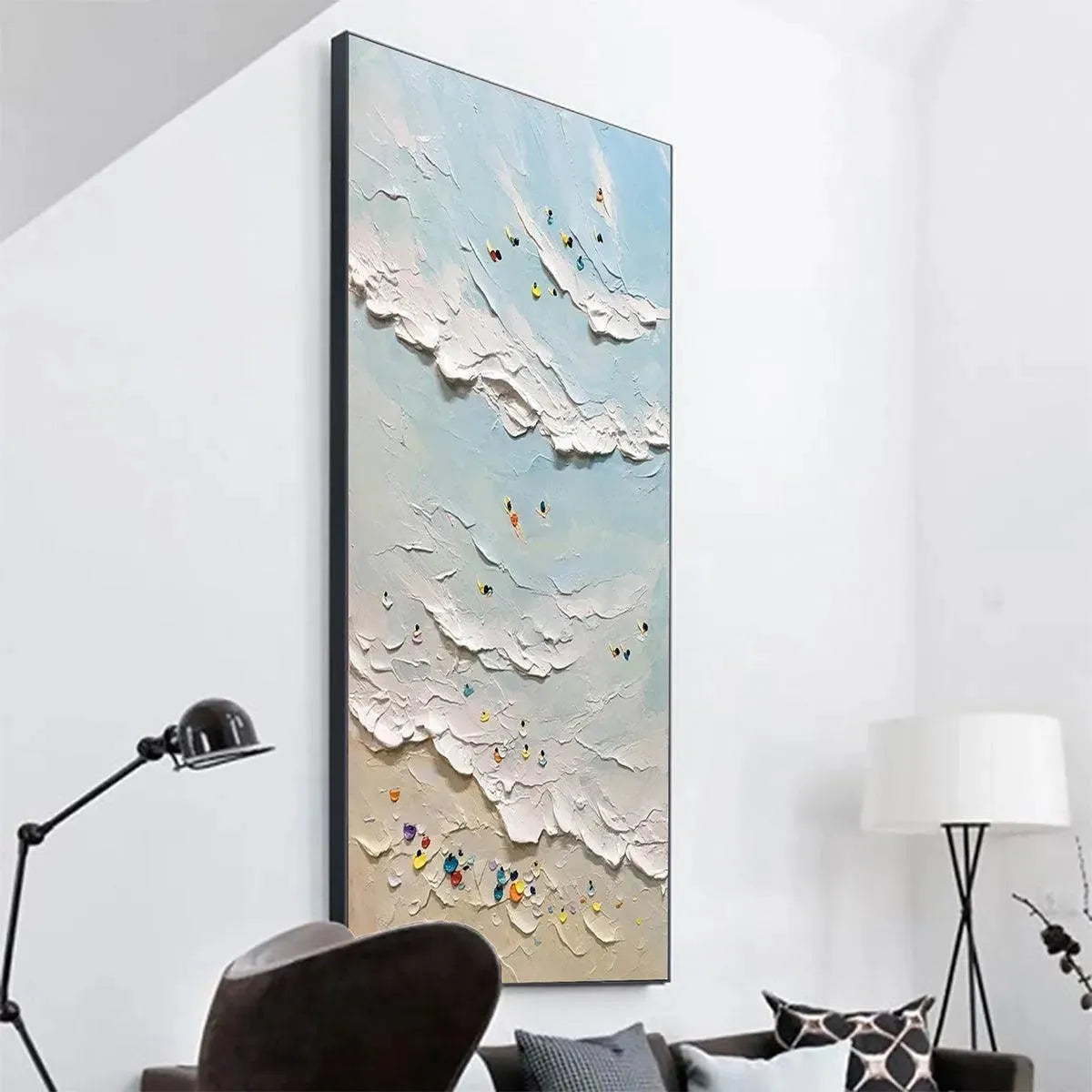 Summer Beach hand-painted ocean blue, ivory and soft neutral tones textured surfer ocean painting shown with black frame