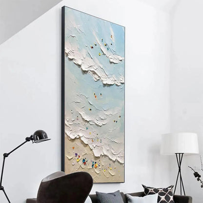 Summer Beach hand-painted ocean blue, ivory and soft neutral tones textured surfer ocean painting shown with black frame