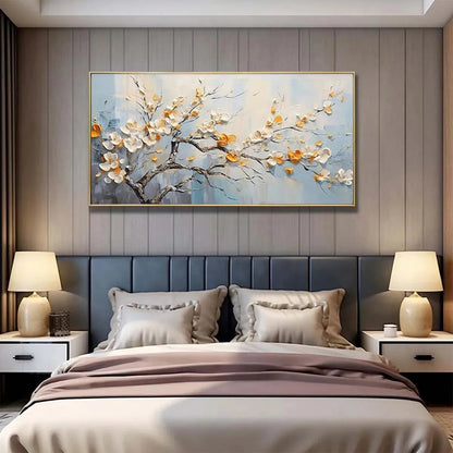 Gold and White Floral Textured Painting – Spring Blossoms