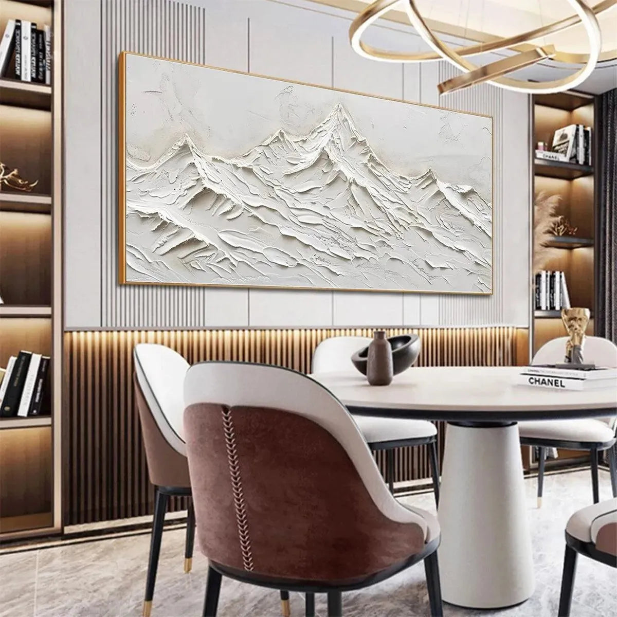 White Mountains hand-painted white and soft beige textured abstract mountain painting rolled canvas option