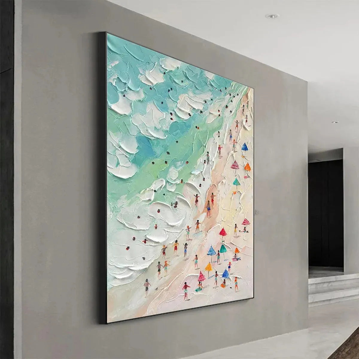 Beach Day hand-painted ocean blue, ivory and soft neutral tones textured beach scene painting shown as stretched canvas