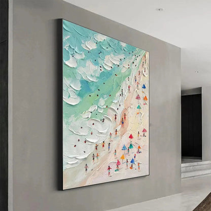 Beach Day hand-painted ocean blue, ivory and soft neutral tones textured beach scene painting shown as stretched canvas