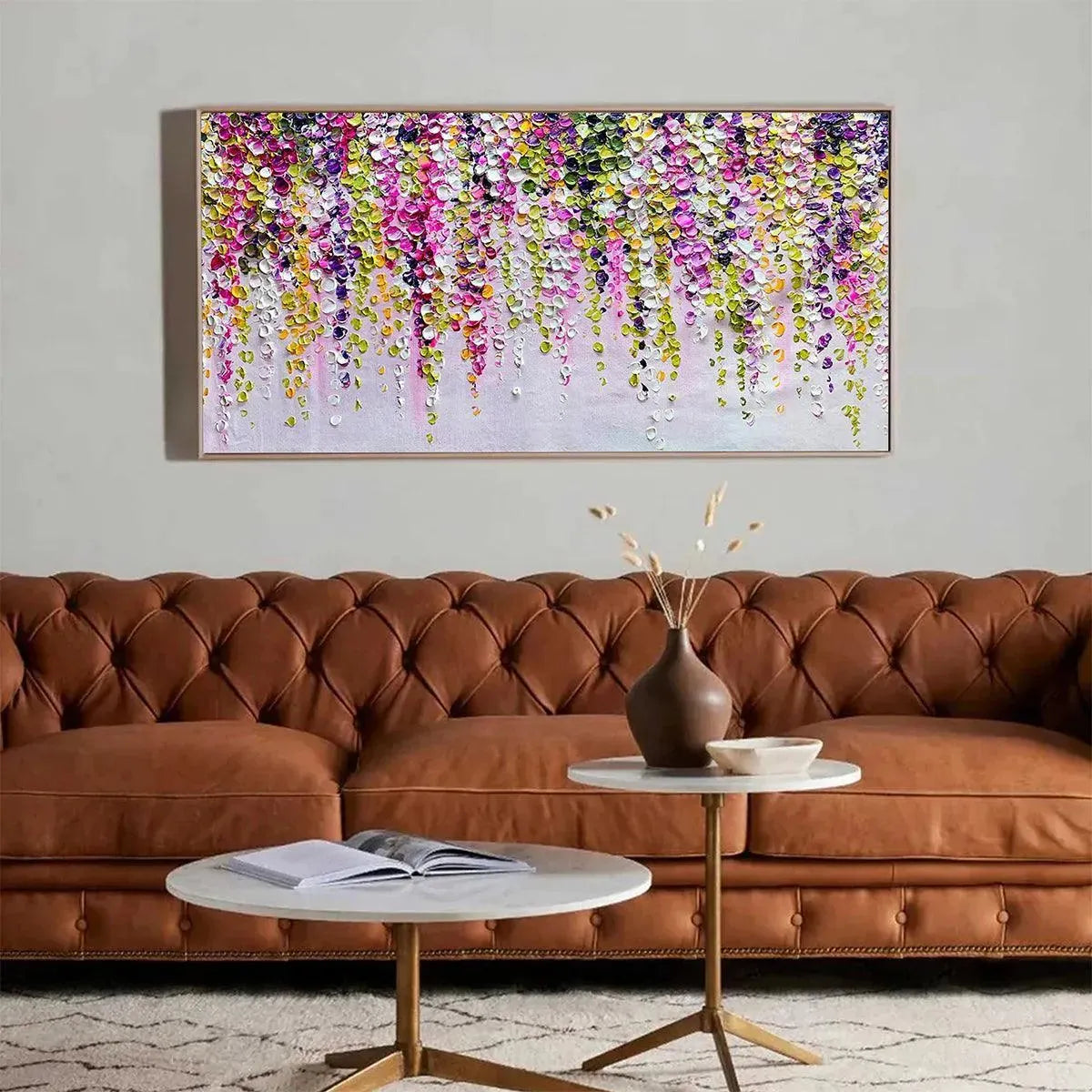 Green and Pink Wisteria Impasto Painting – Wisteria Cascade