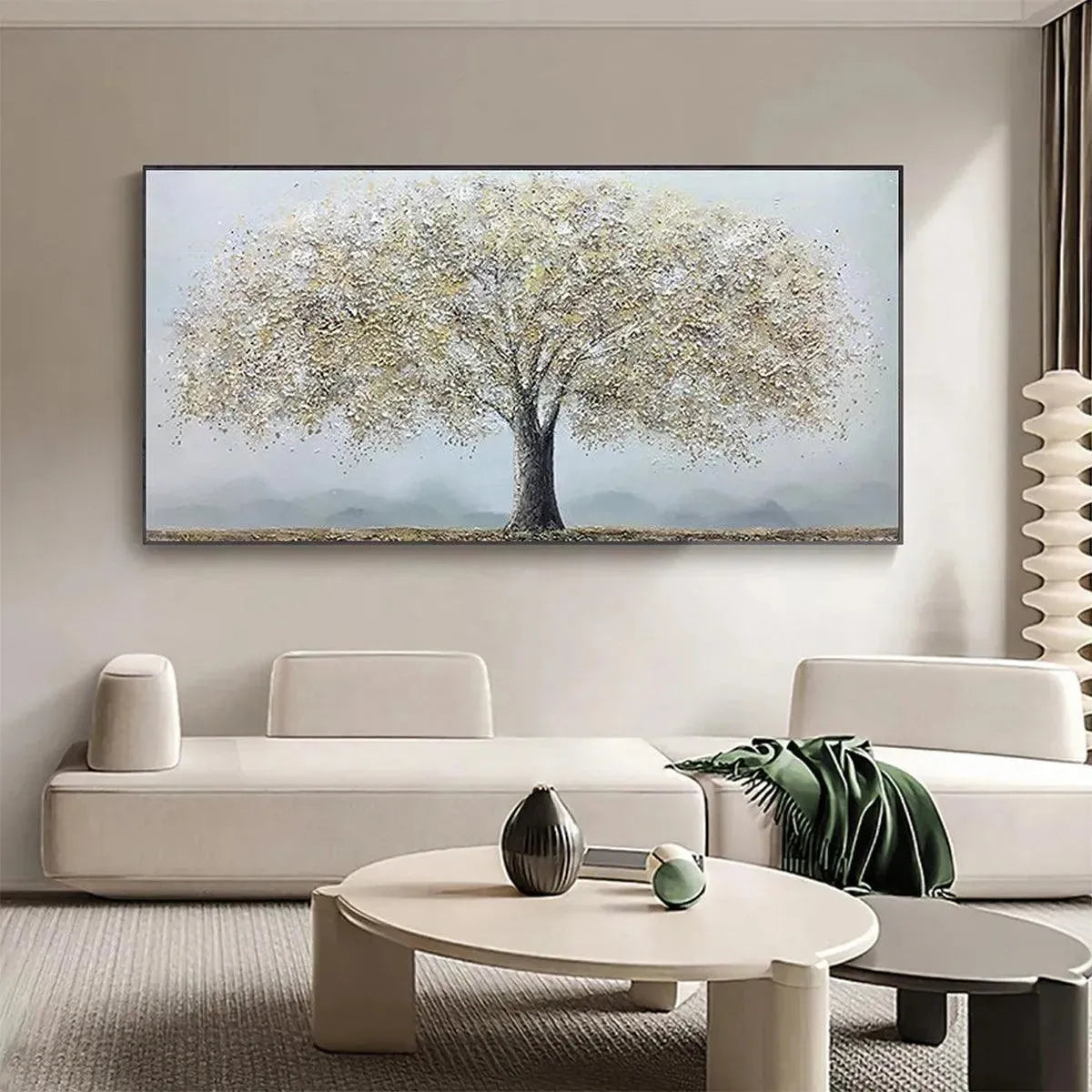 Golden Tree hand-painted soft grey and gold textured tree painting rolled canvas option