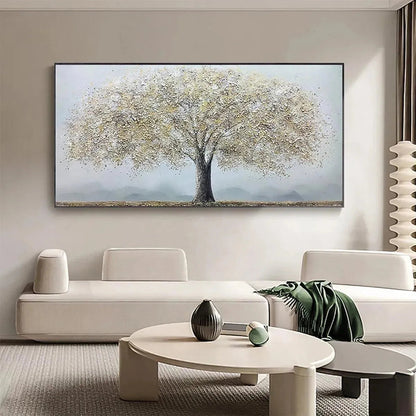 Golden Tree hand-painted soft grey and gold textured tree painting rolled canvas option