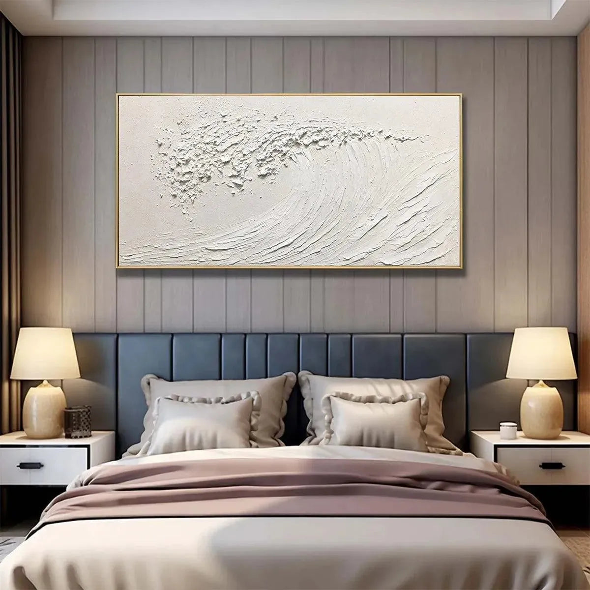 White Wave hand-painted white and soft beige textured ocean wave painting shown as stretched canvas
