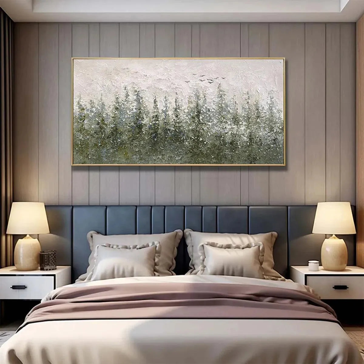 Misty Forest hand-painted forest green, soft grey and warm earth tones textured forest landscape painting shown as stretched canvas