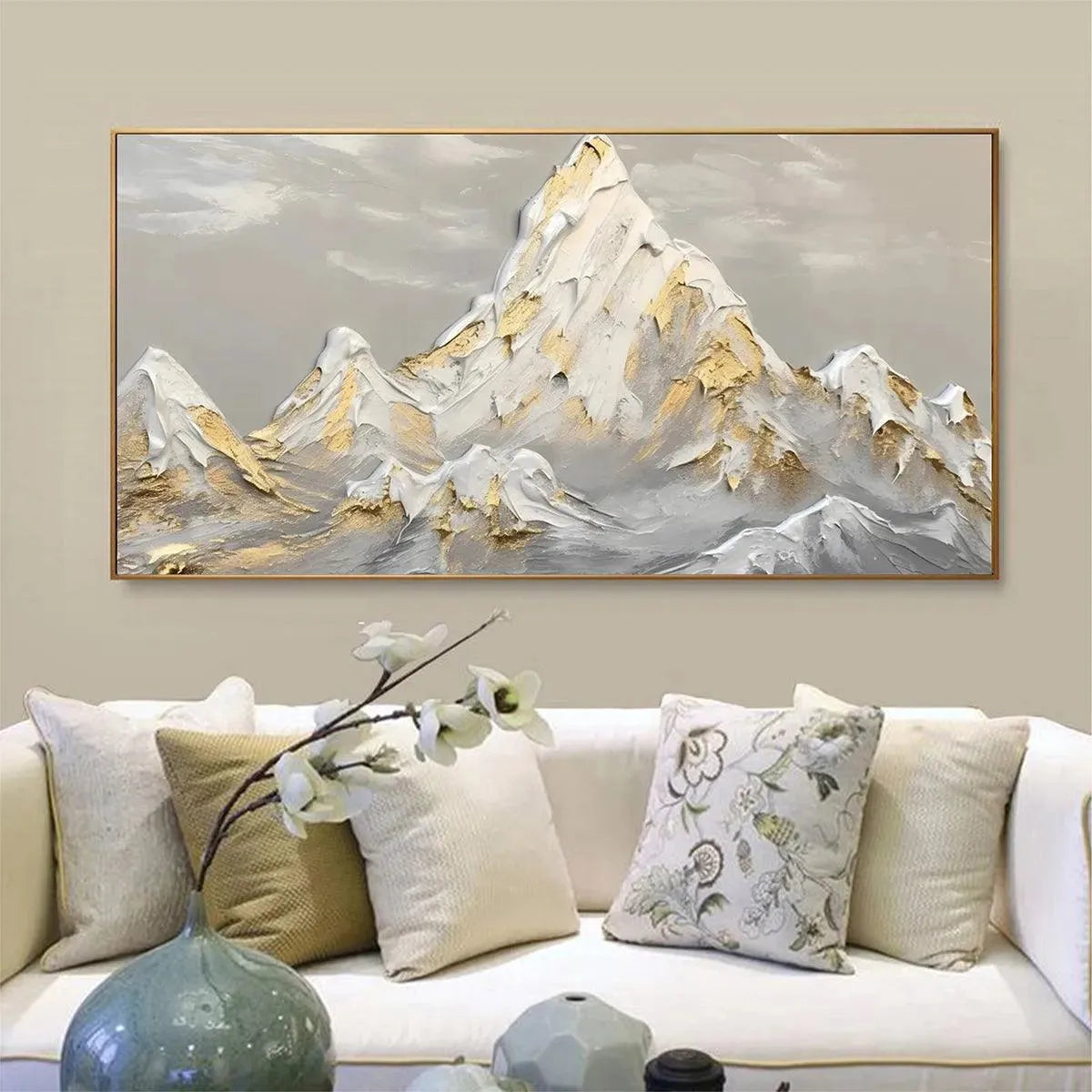 Golden Peaks hand-painted soft grey and gold textured mountain landscape painting shown as stretched canvas