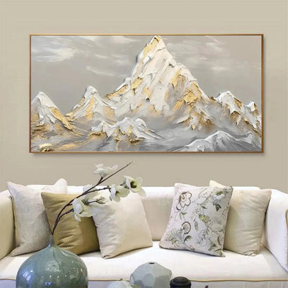 Golden Peaks hand-painted soft grey and gold textured mountain landscape painting shown as stretched canvas