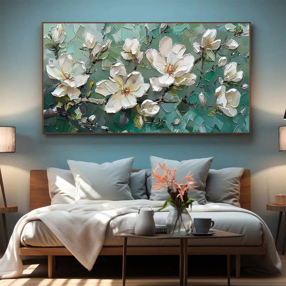 Teal and White Magnolia Impasto Painting – Jade Magnolias