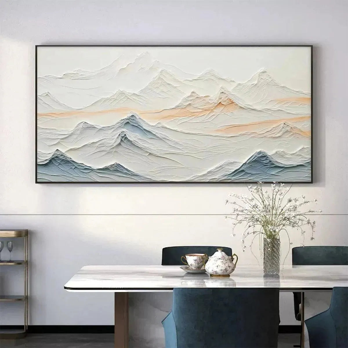Tranquil Peaks hand-painted beige, ocean blue and orange textured abstract mountain painting rolled canvas option