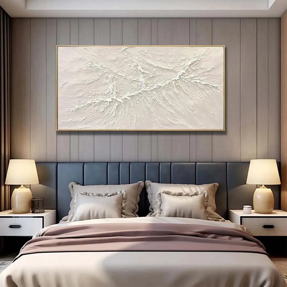White Sands hand-painted white and soft beige textured coastal abstract painting shown as stretched canvas