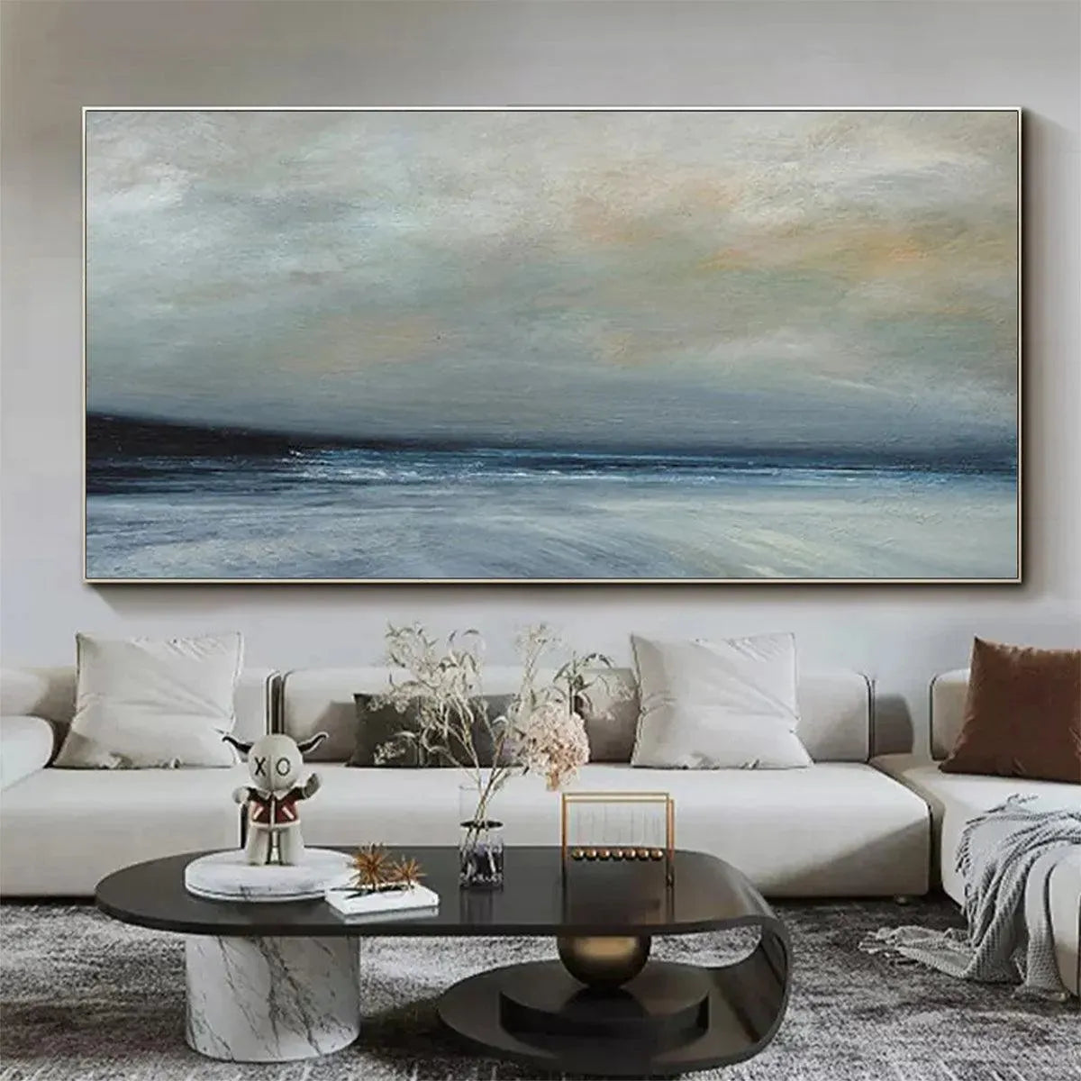 Twilight Coast hand-painted ocean blue, ivory and soft neutral tones textured sunset seascape painting shown with silver frame