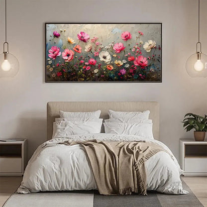 Pink and Grey Floral Impasto Painting – Summer Bloom