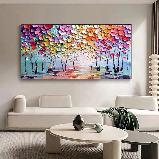 Enchanted Forest hand-painted crimson, golden yellow, turquoise and violet textured forest landscape painting shown as stretched canvas
