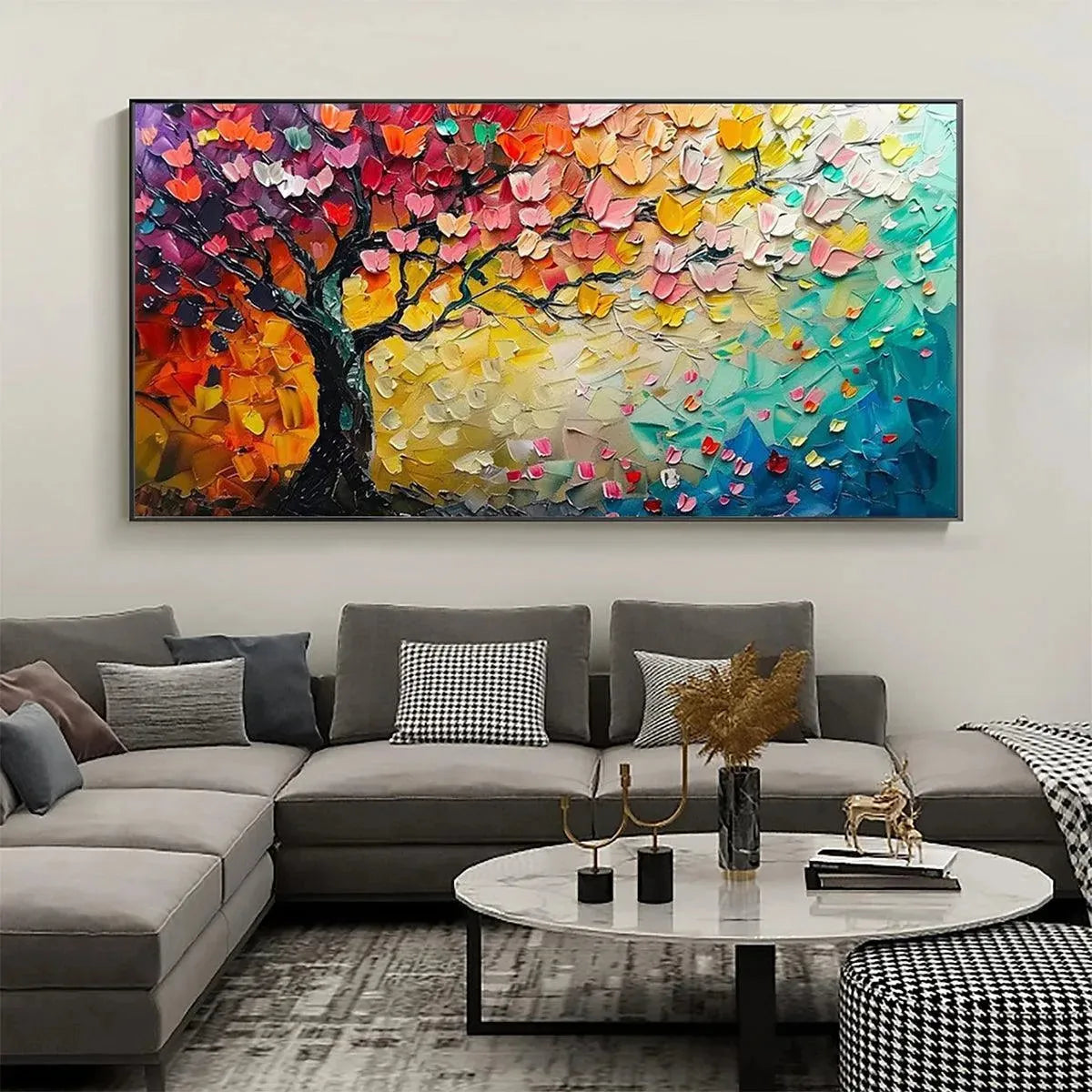 Whispers of Autumn hand-painted crimson, golden yellow, turquoise and violet textured tree painting shown as stretched canvas