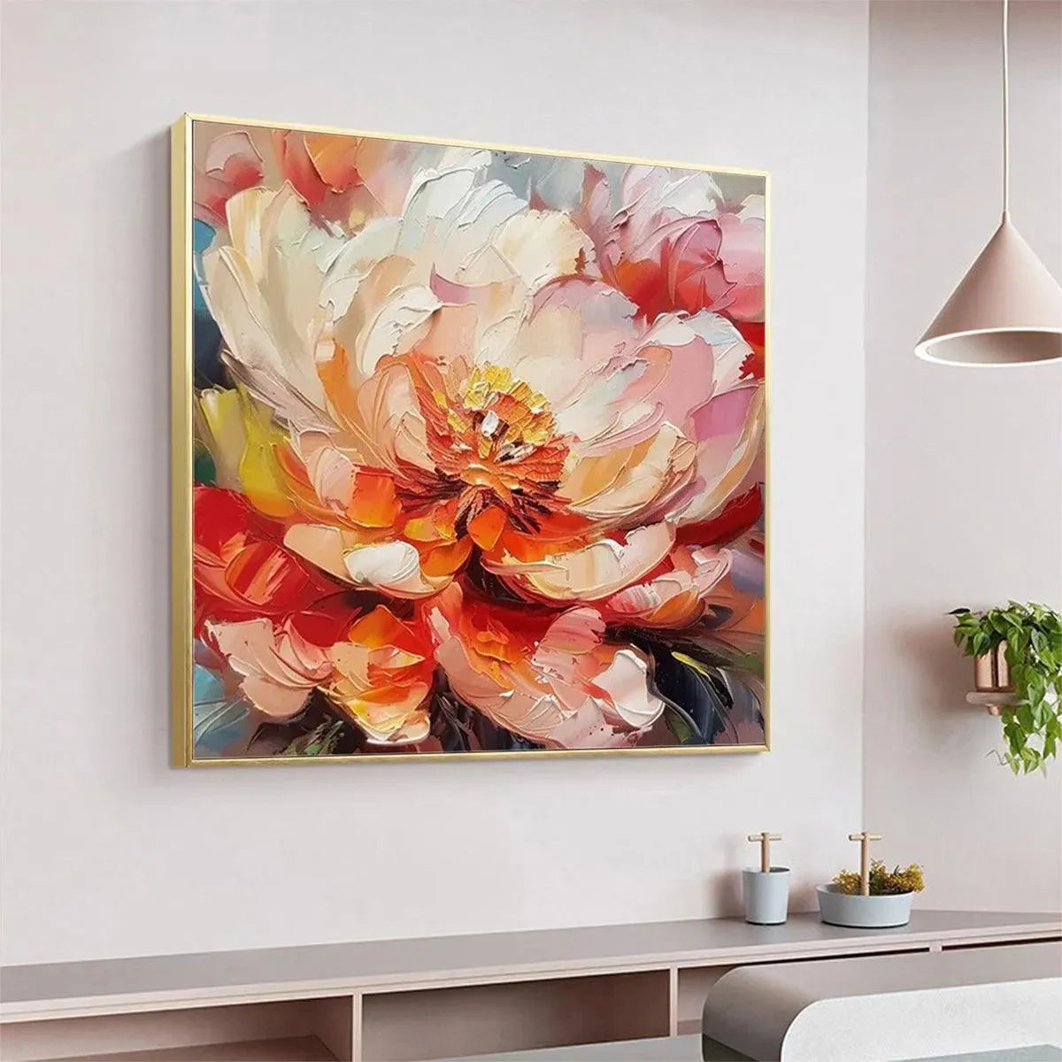 Orange and Pink Peony Impasto Painting – Blooming Peony