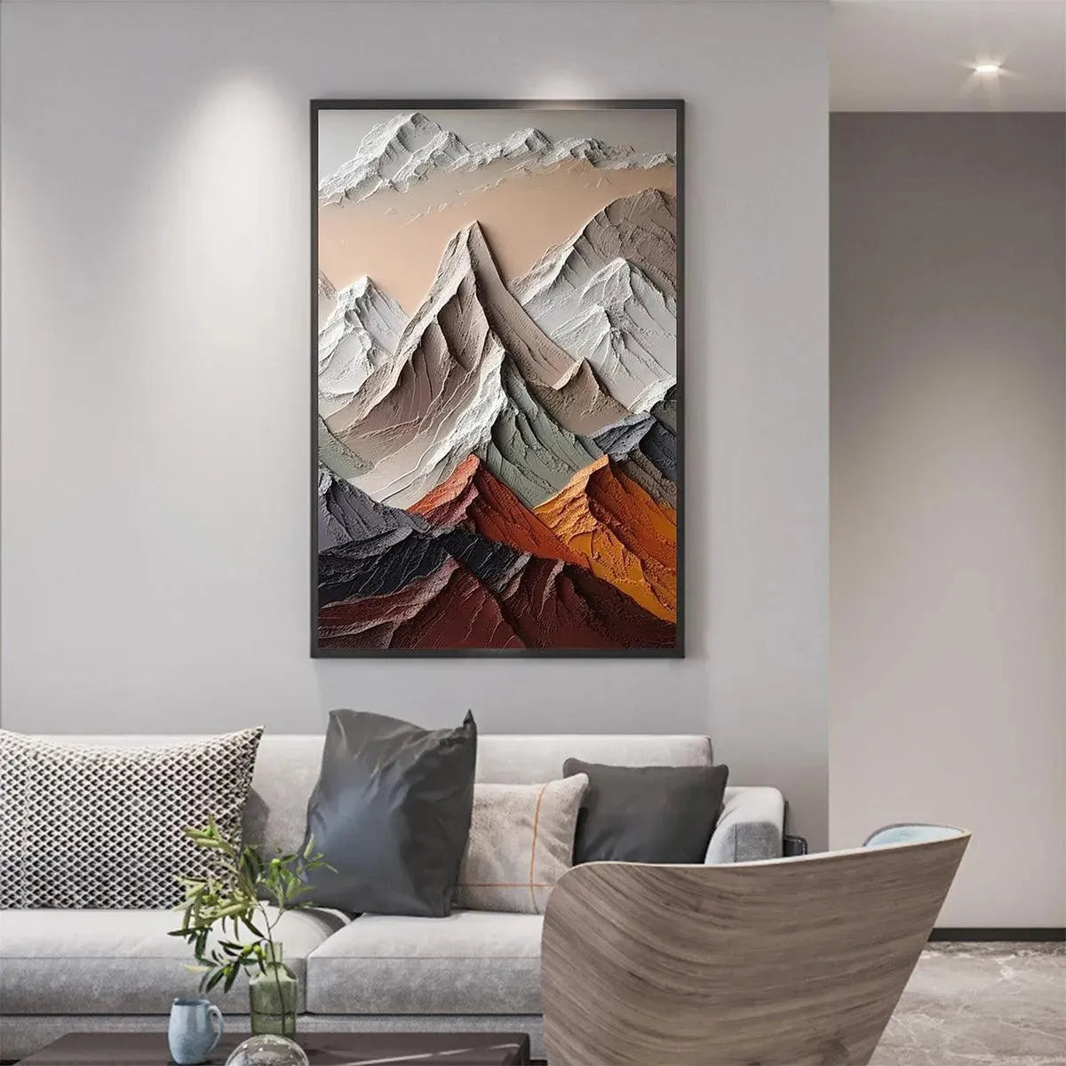 Majestic Peaks hand-painted slate blue, ivory and soft grey textured mountain landscape painting rolled canvas option