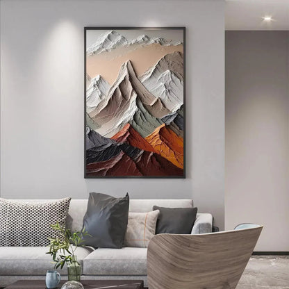 Majestic Peaks hand-painted slate blue, ivory and soft grey textured mountain landscape painting rolled canvas option