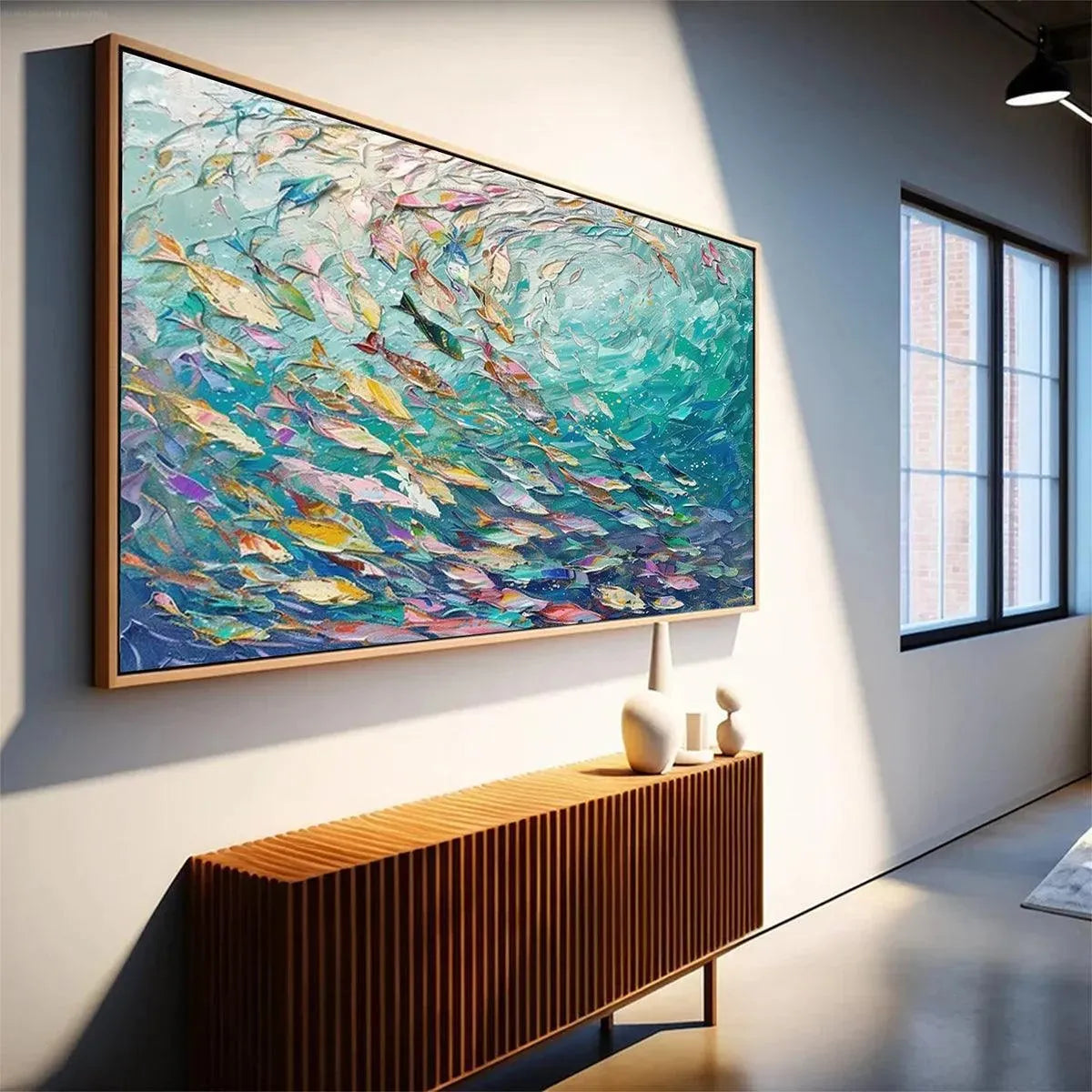 Ocean Currents hand-painted ocean blue, ivory and soft neutral tones textured coastal abstract painting shown with white frame