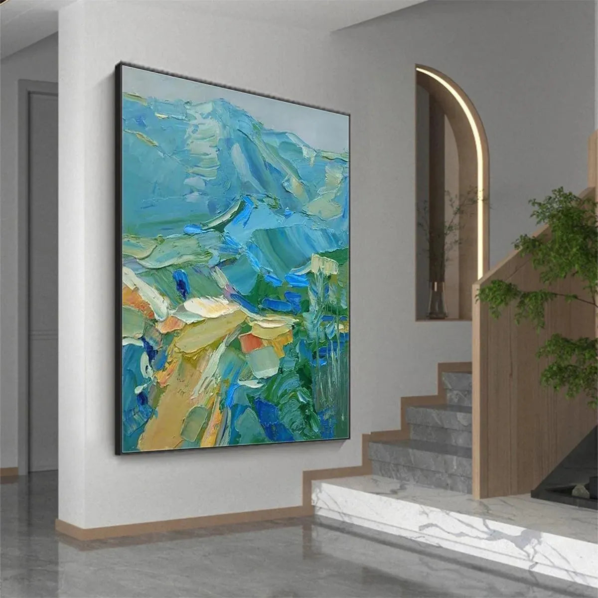 Blue Ridge Mountains hand-painted ocean blue and ivory textured mountain landscape painting rolled canvas option