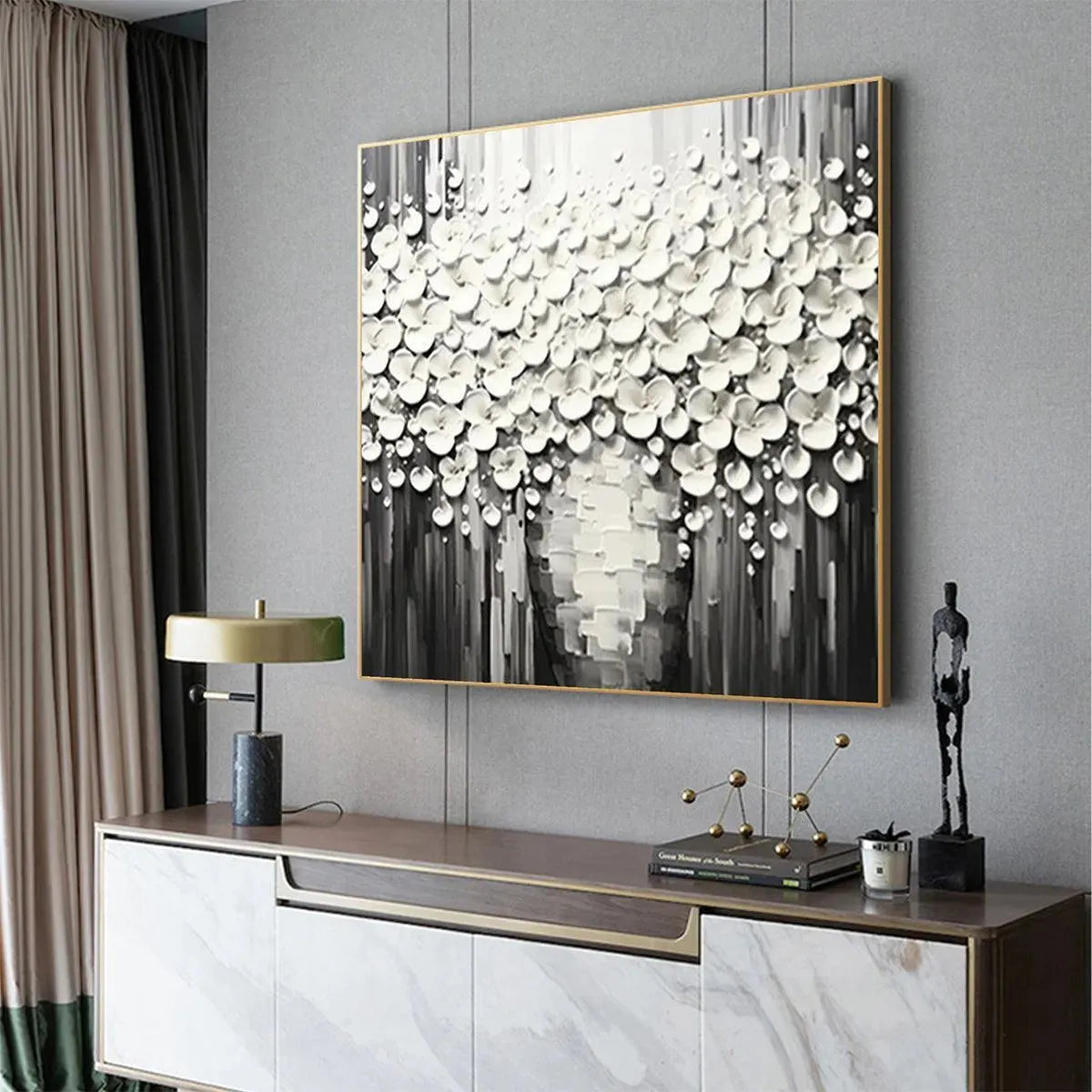 Grey and White Wabi-Sabi Bouquet Textured Painting – White Bouquet
