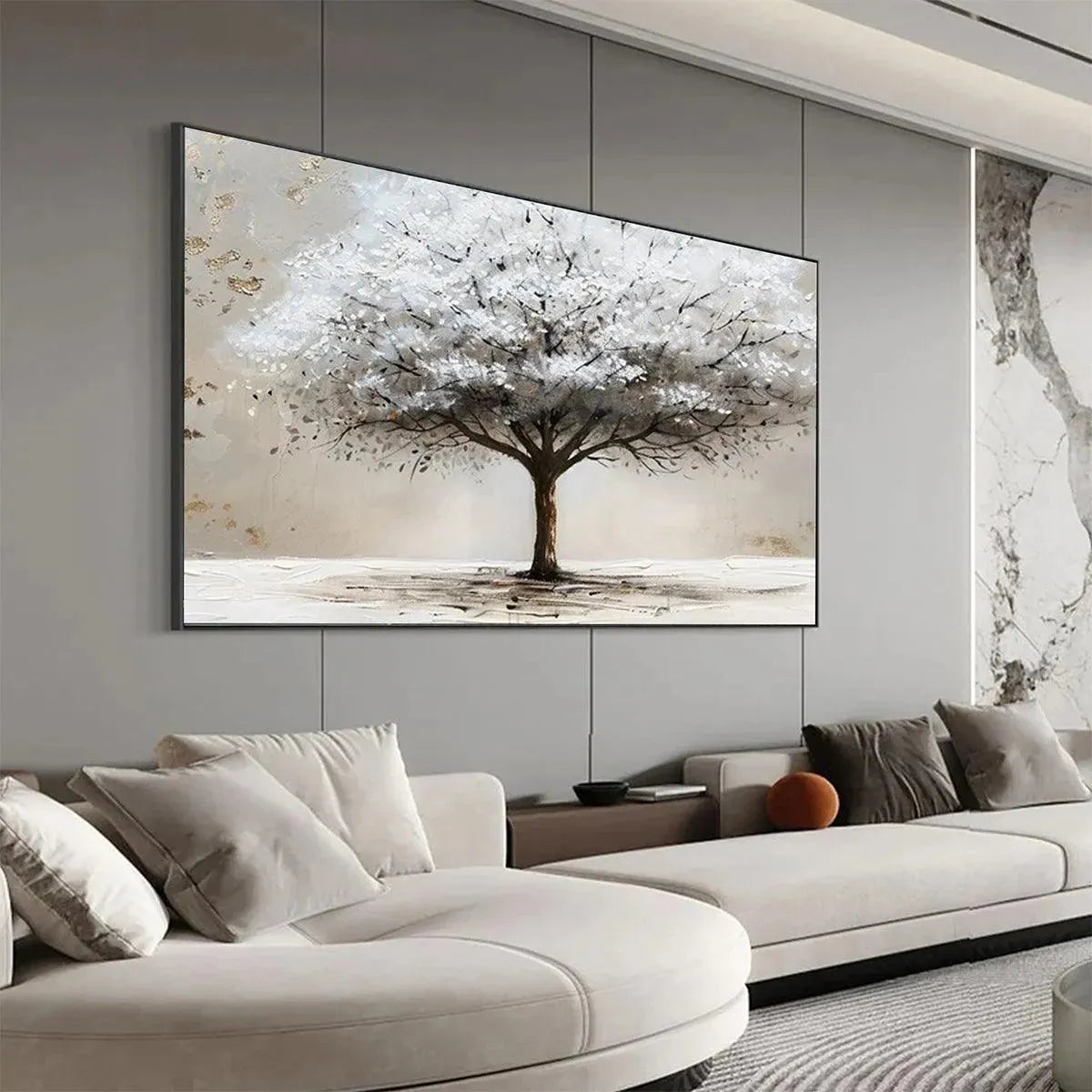 Winter's Grace hand-painted white, beige and gold textured tree painting rolled canvas option