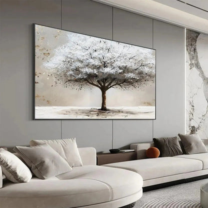 Winter's Grace hand-painted white, beige and gold textured tree painting rolled canvas option