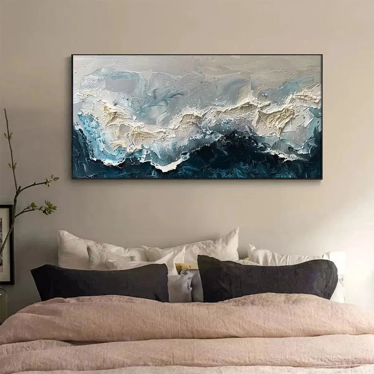 Frozen Motion hand-painted white and teal textured coastal abstract painting shown as stretched canvas