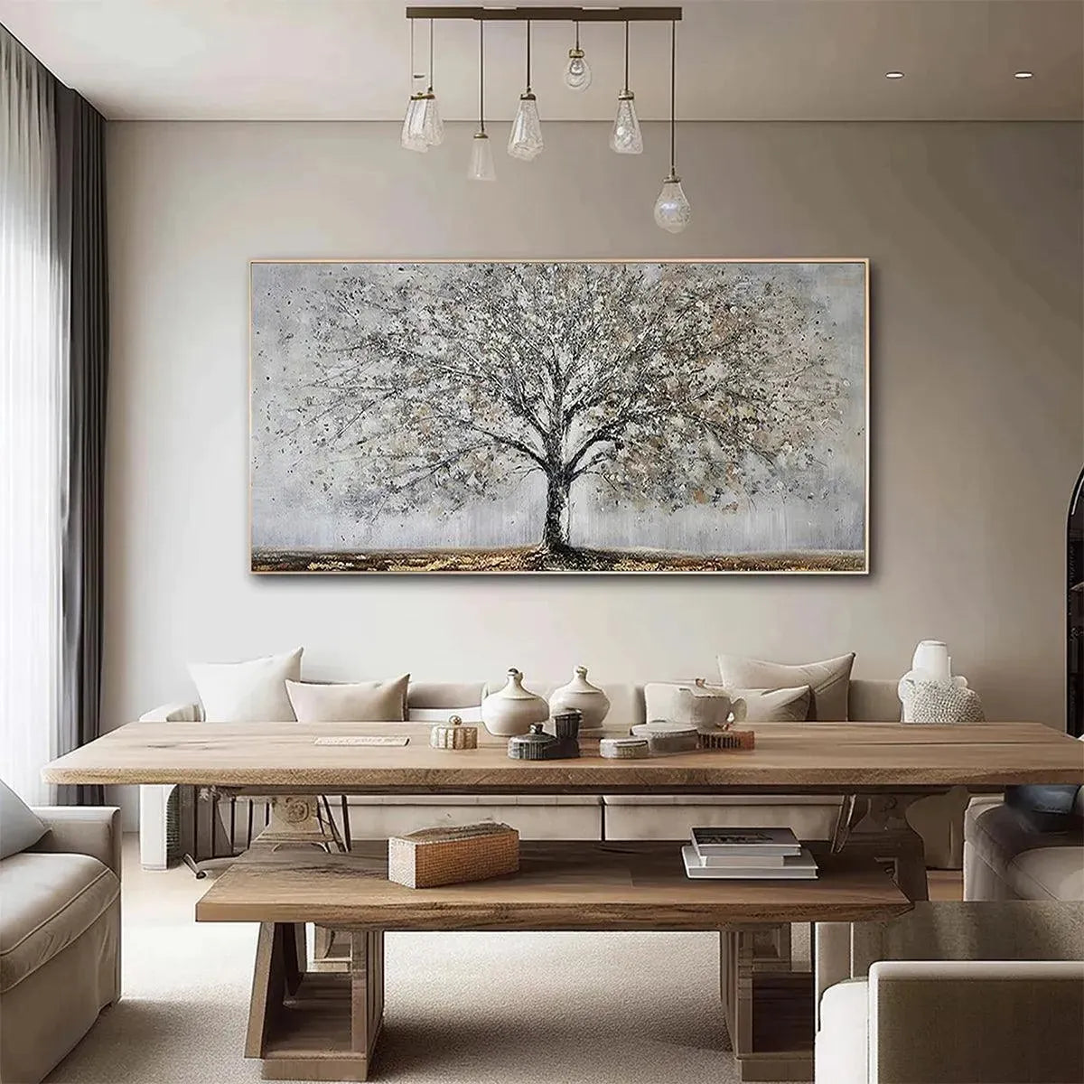 Silver Birch hand-painted soft grey and gold textured forest landscape painting shown as stretched canvas