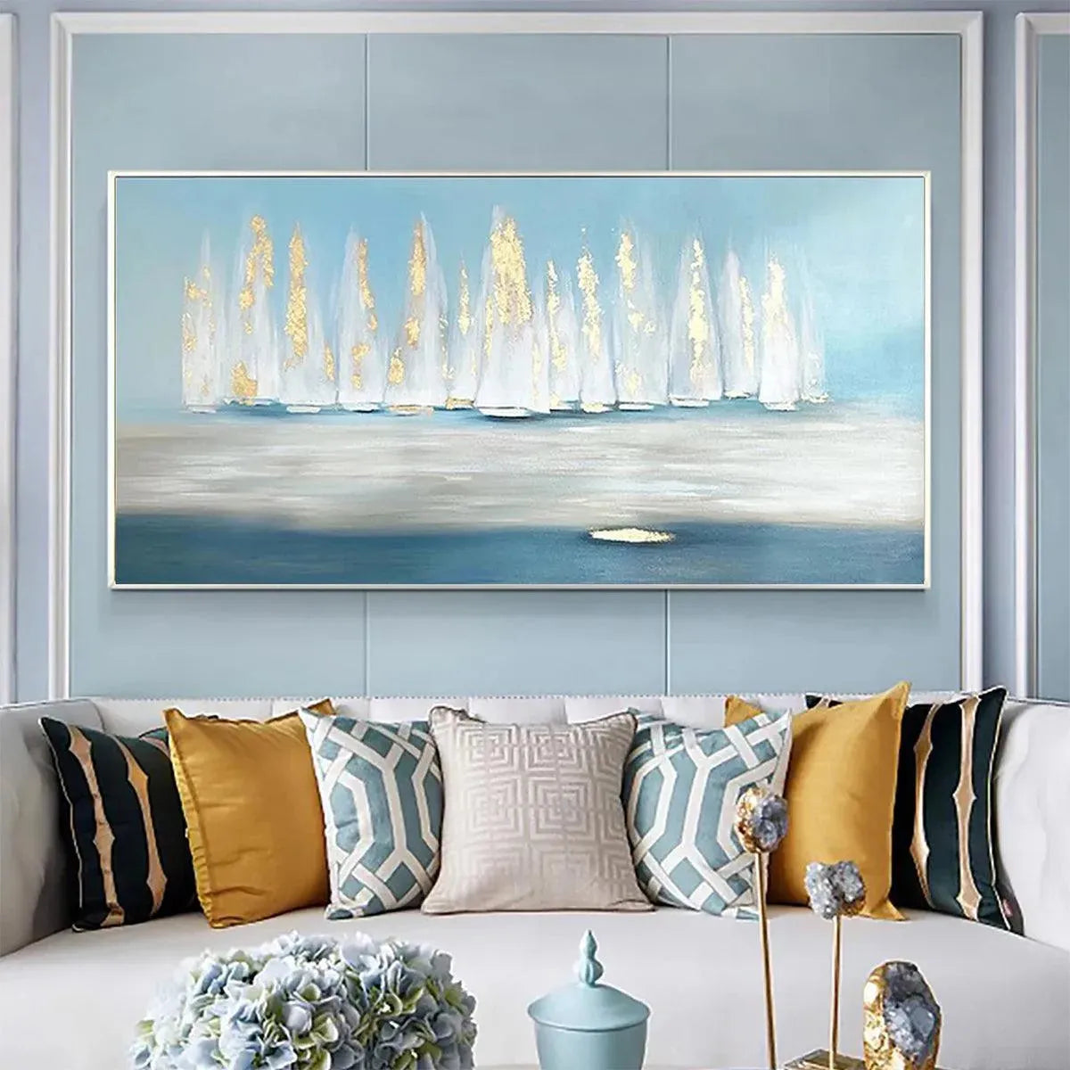Golden Sails hand-painted gold and ivory textured sailboat seascape painting shown as stretched canvas