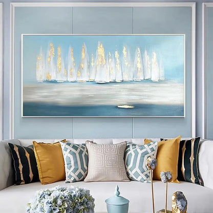 Golden Sails hand-painted gold and ivory textured sailboat seascape painting shown as stretched canvas