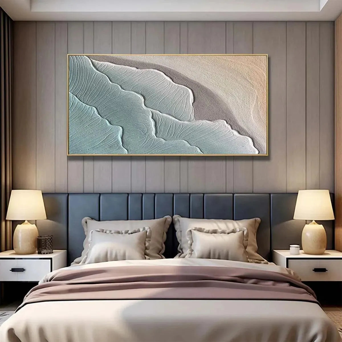 Emerald Waves hand-painted teal and emerald green textured coastal abstract painting shown as stretched canvas