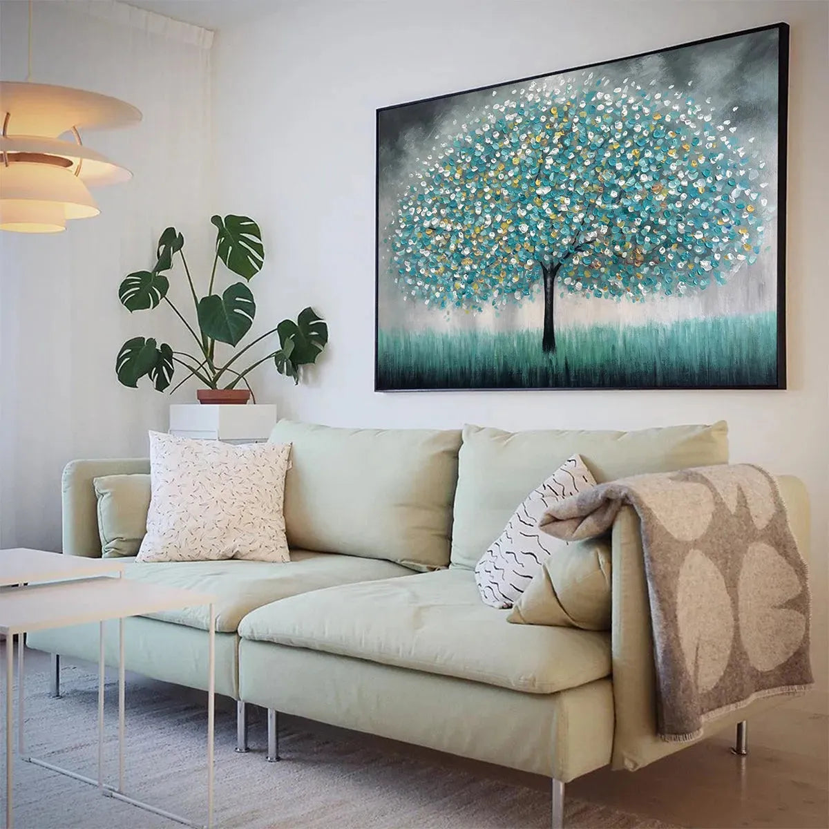Teal Dream hand-painted soft grey and teal textured tree painting shown with white frame
