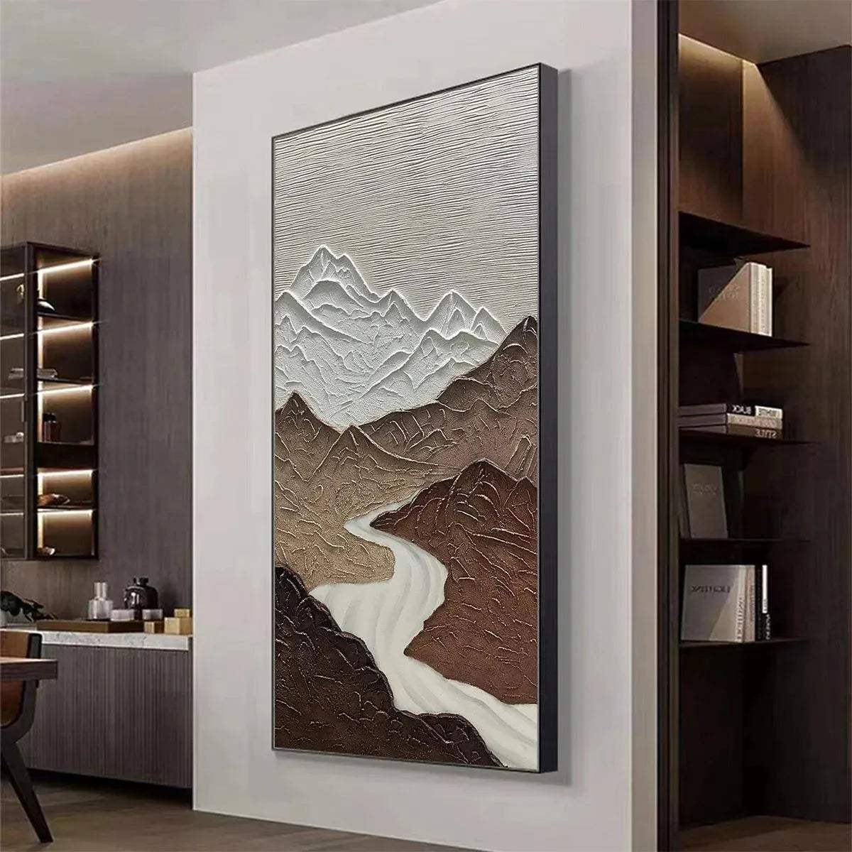 Earth River hand-painted white and earth brown textured mountain river landscape painting shown with white frame