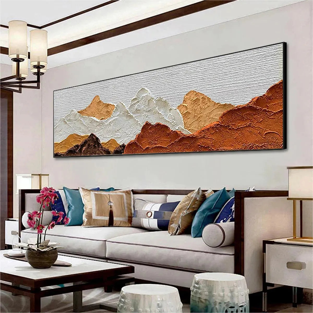 Mountain Peaks hand-painted white and earth brown textured mountain landscape painting rolled canvas option