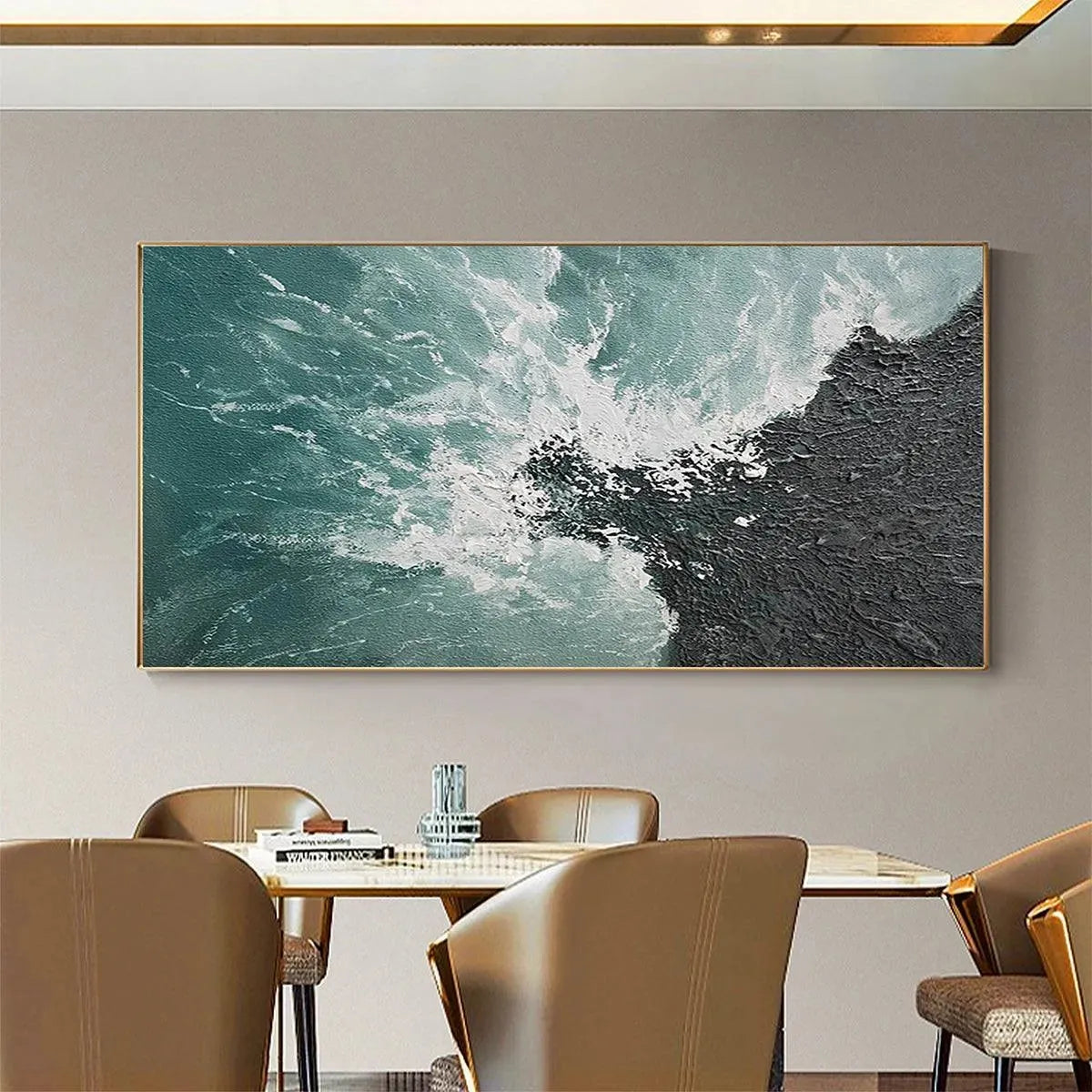 Turquoise Crash hand-painted black, turquoise and teal textured coastal abstract painting shown as stretched canvas