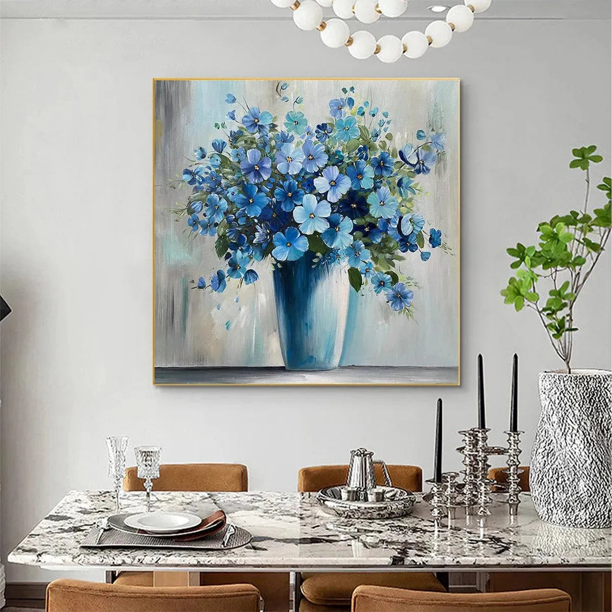 Blue Floral Still Life Painting – Blue Serenity