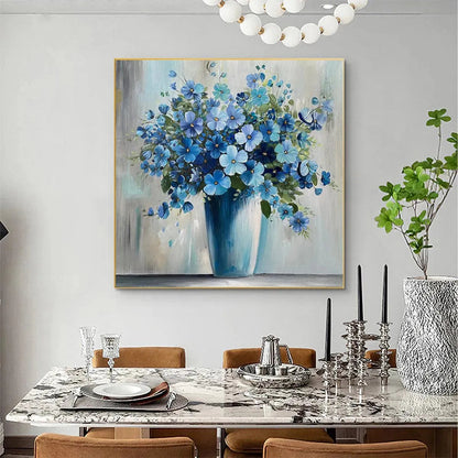 Blue Floral Still Life Painting – Blue Serenity