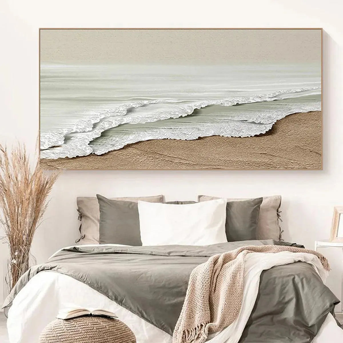 Serene Shore hand-painted beige and ivory textured coastal landscape painting shown with black frame