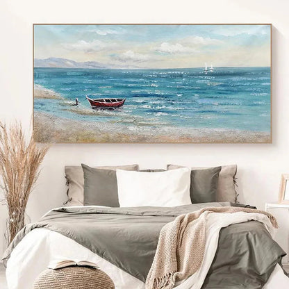 Red Boat At The Shore hand-painted red and ivory textured coastal landscape painting shown as stretched canvas