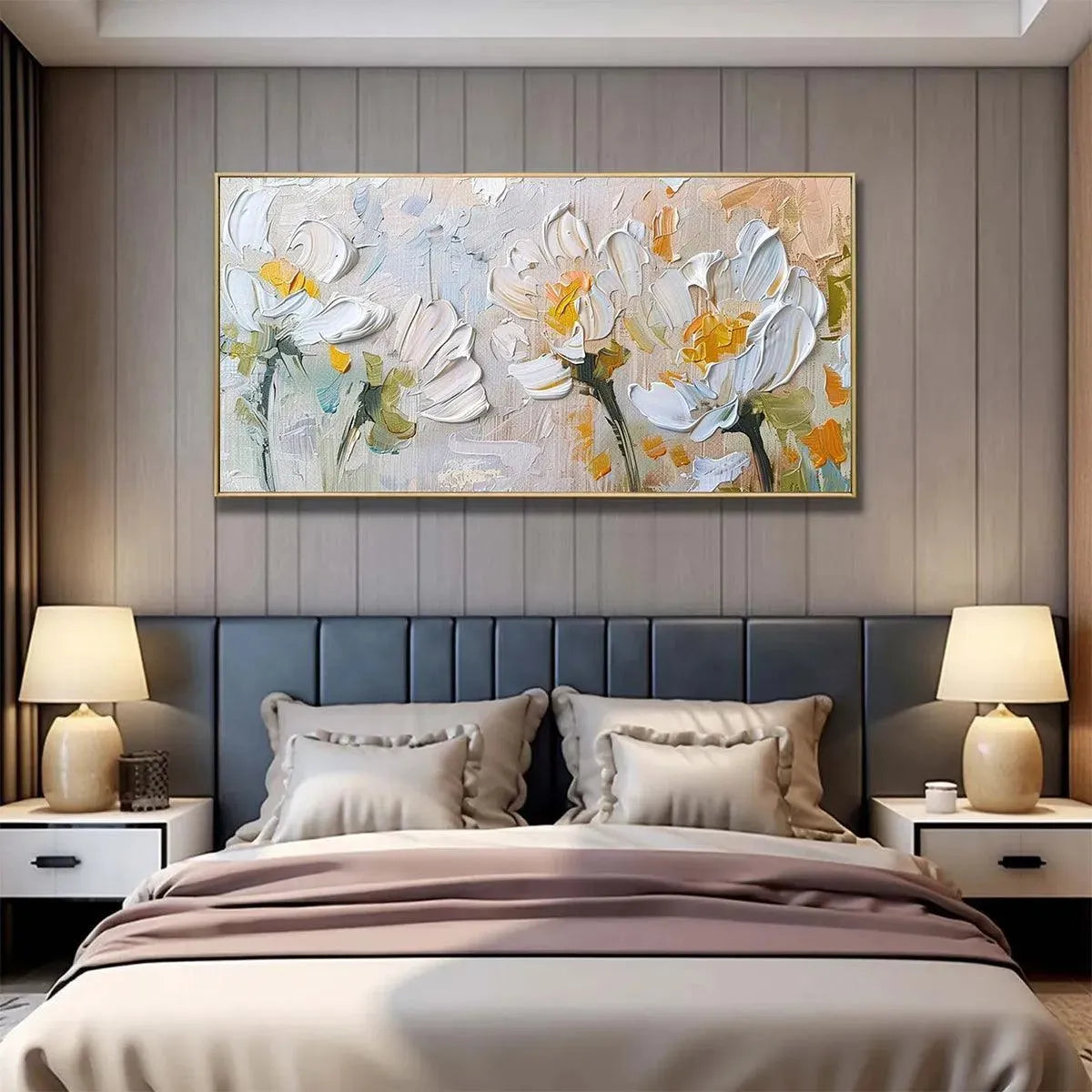 White and Beige Floral Impasto Painting – White Blossoms