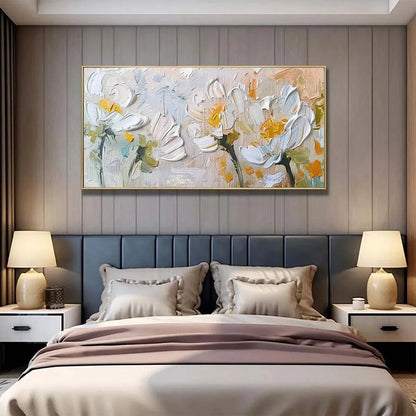 White and Beige Floral Impasto Painting – White Blossoms