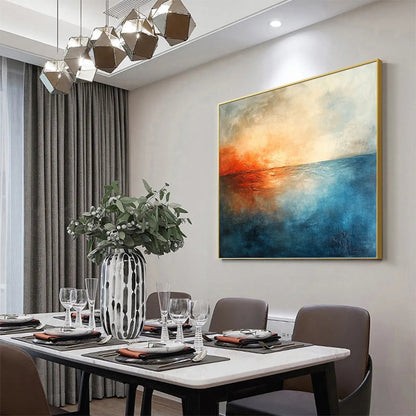 Fiery Embrace hand-painted beige and ivory textured sunset seascape painting rolled canvas option