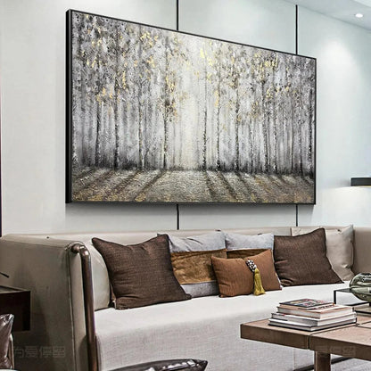Golden Birchwood hand-painted gold and ivory textured forest landscape painting rolled canvas option