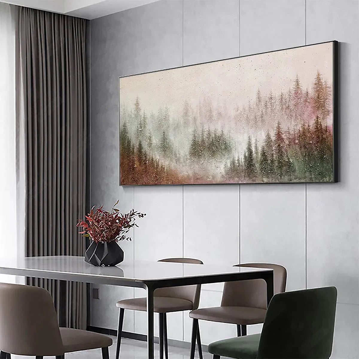 Misty Pines hand-painted forest green, soft grey and warm earth tones textured forest landscape painting rolled canvas option