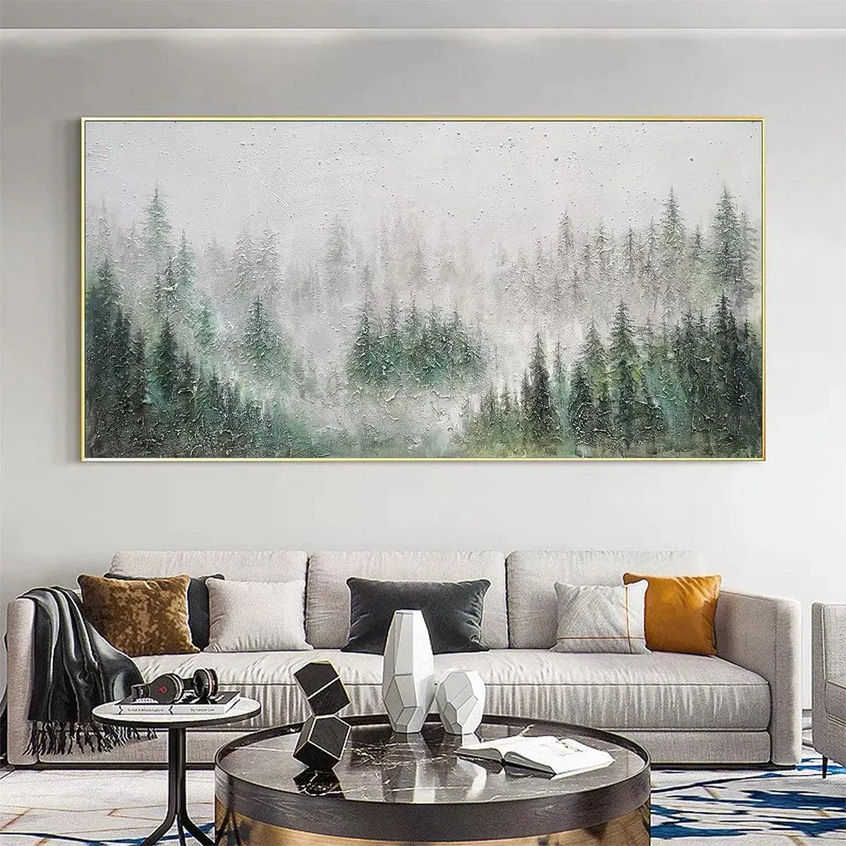 Emerald Mist hand-painted emerald green and ivory textured forest landscape painting rolled canvas option