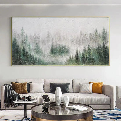 Emerald Mist hand-painted emerald green and ivory textured forest landscape painting rolled canvas option
