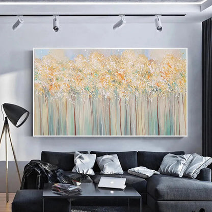 Aspen Glow hand-painted forest green, soft grey and warm earth tones textured forest landscape painting shown as stretched canvas