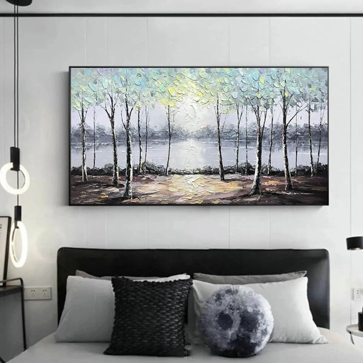 Serene Waters hand-painted ocean blue and green textured forest landscape painting rolled canvas option
